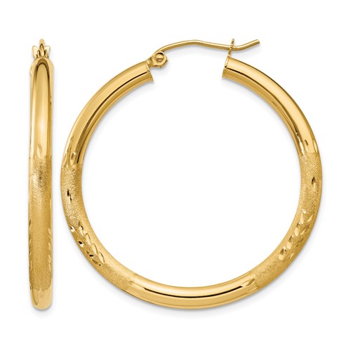 14K Yellow Gold 3x 35mm Satin Diamond-cut Round Tube Hoop Earrings