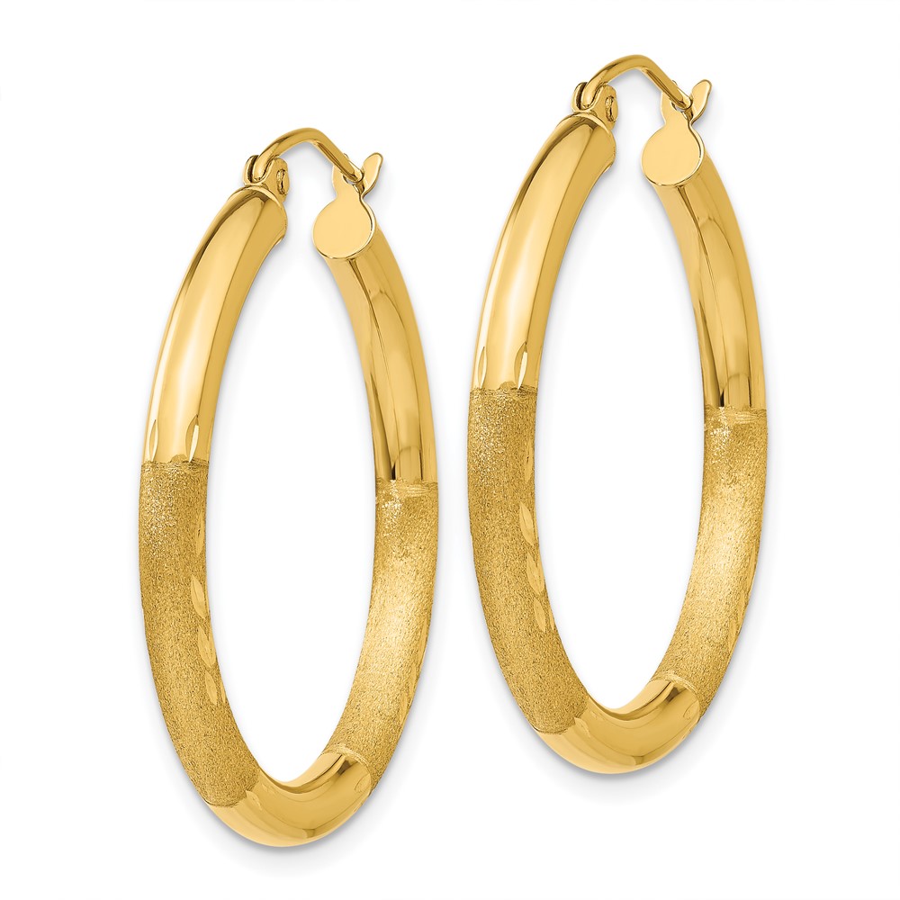 14k Satin and Diamond-cut 3mm Round Hoop Earrings (TC288)