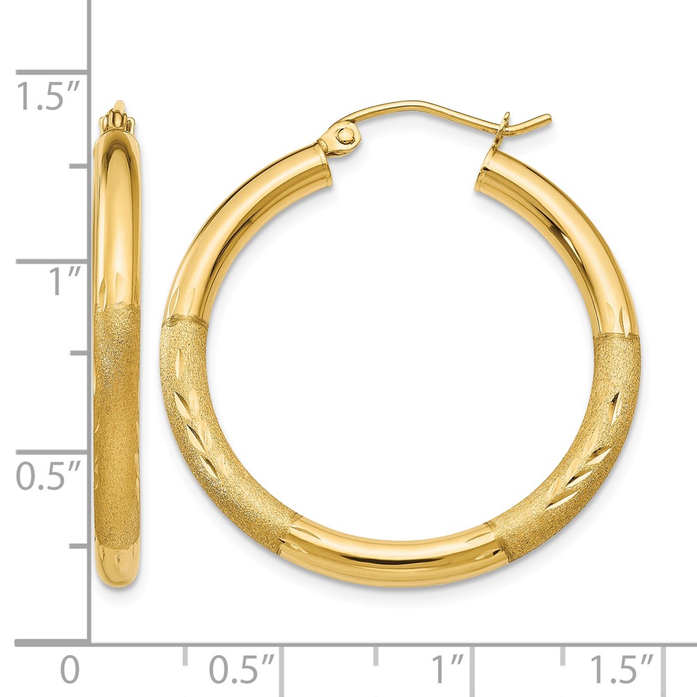 14k Satin and Diamond-cut 3mm Round Hoop Earrings (TC288)