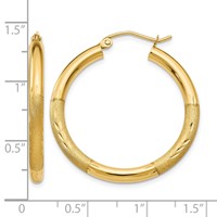 14K Yellow Gold 3x 30mm Satin Diamond-cut Round Tube Hoop Earrings view 4