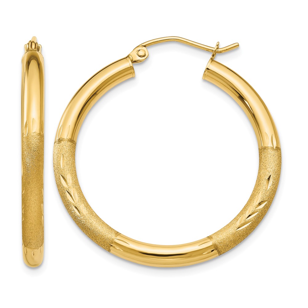 14k Satin and Diamond-cut 3mm Round Hoop Earrings (TC288)