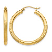 14K Yellow Gold 3x 30mm Satin Diamond-cut Round Tube Hoop Earrings view 1