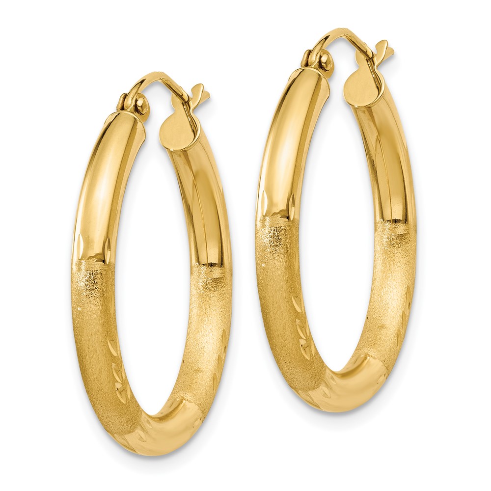 14k Satin and Diamond-cut 3mm Round Hoop Earrings (TC289)