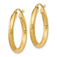 14K Yellow Gold 3x 25mm Satin Diamond-cut Round Tube Hoop Earrings view 2