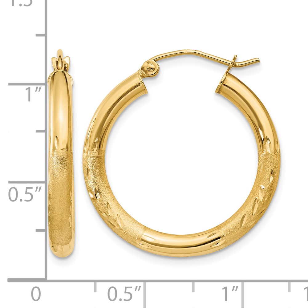 14k Satin and Diamond-cut 3mm Round Hoop Earrings (TC289)