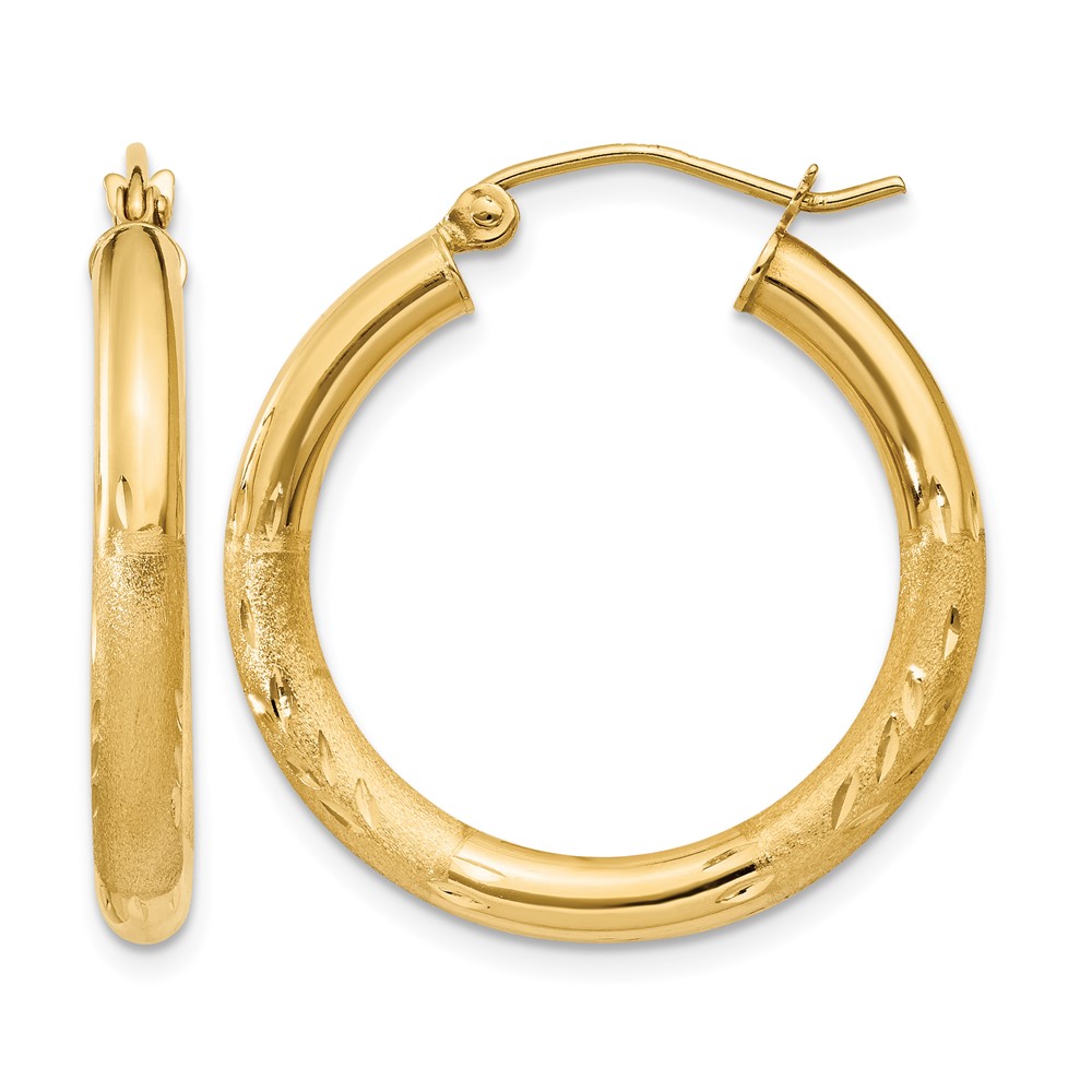 14k Satin and Diamond-cut 3mm Round Hoop Earrings (TC289)