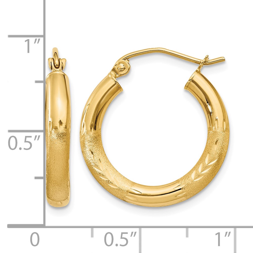14k Satin and Diamond-cut 3mm Round Hoop Earrings (TC290)