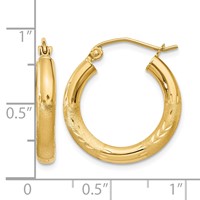 14K Yellow Gold 3x 20mm Satin Diamond-cut Round Tube Hoop Earrings view 4
