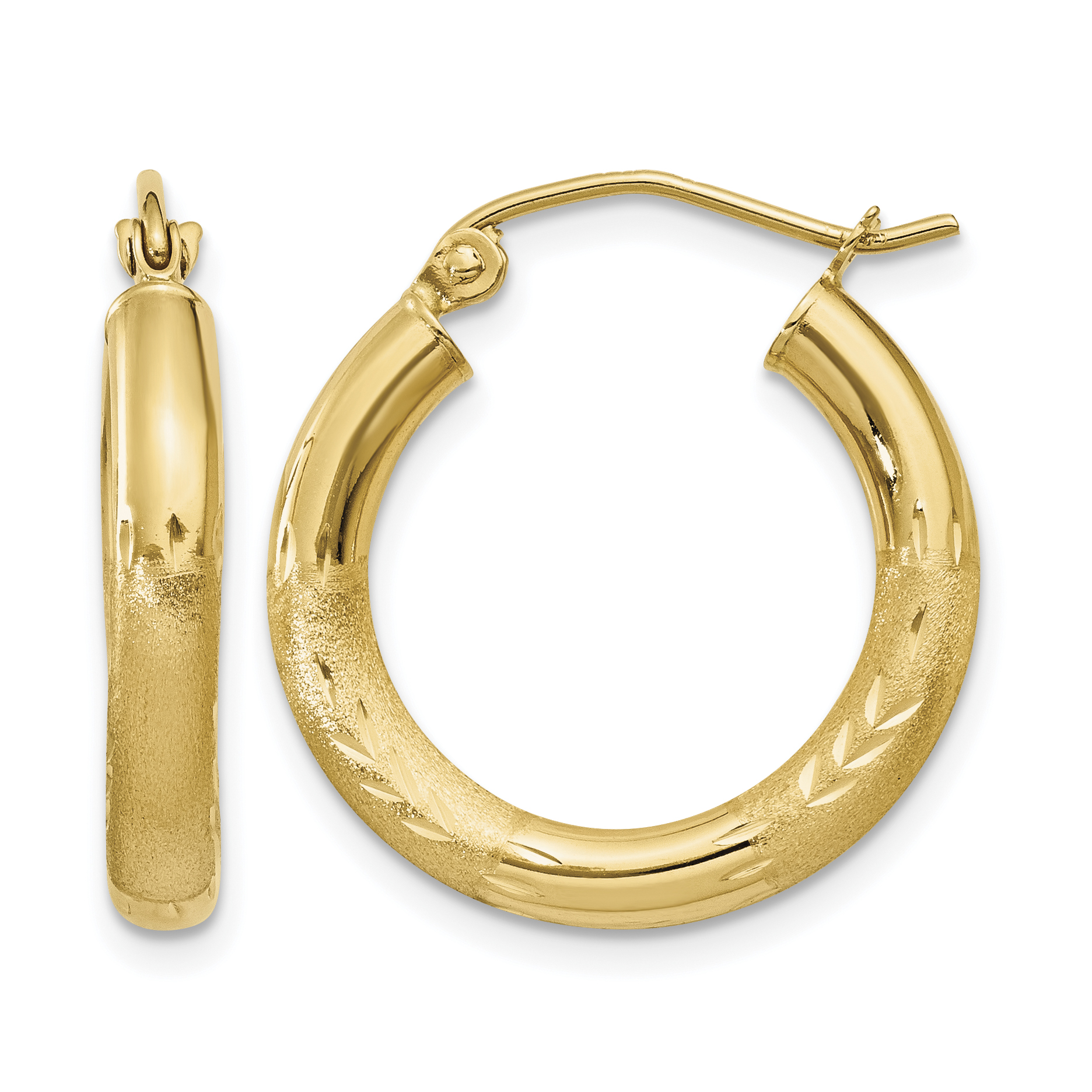 14k Satin and Diamond-cut 3mm Round Hoop Earrings (TC290)