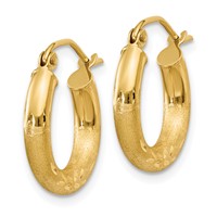 14K Yellow Gold 3x 16mm Satin Diamond-cut Round Tube Hoop Earrings view 2