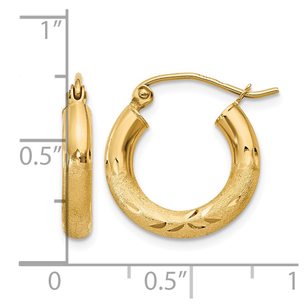 14k Satin and Diamond-cut 3mm Round Hoop Earrings (TC291)