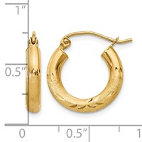 14K Yellow Gold 3x 16mm Satin Diamond-cut Round Tube Hoop Earrings view 4
