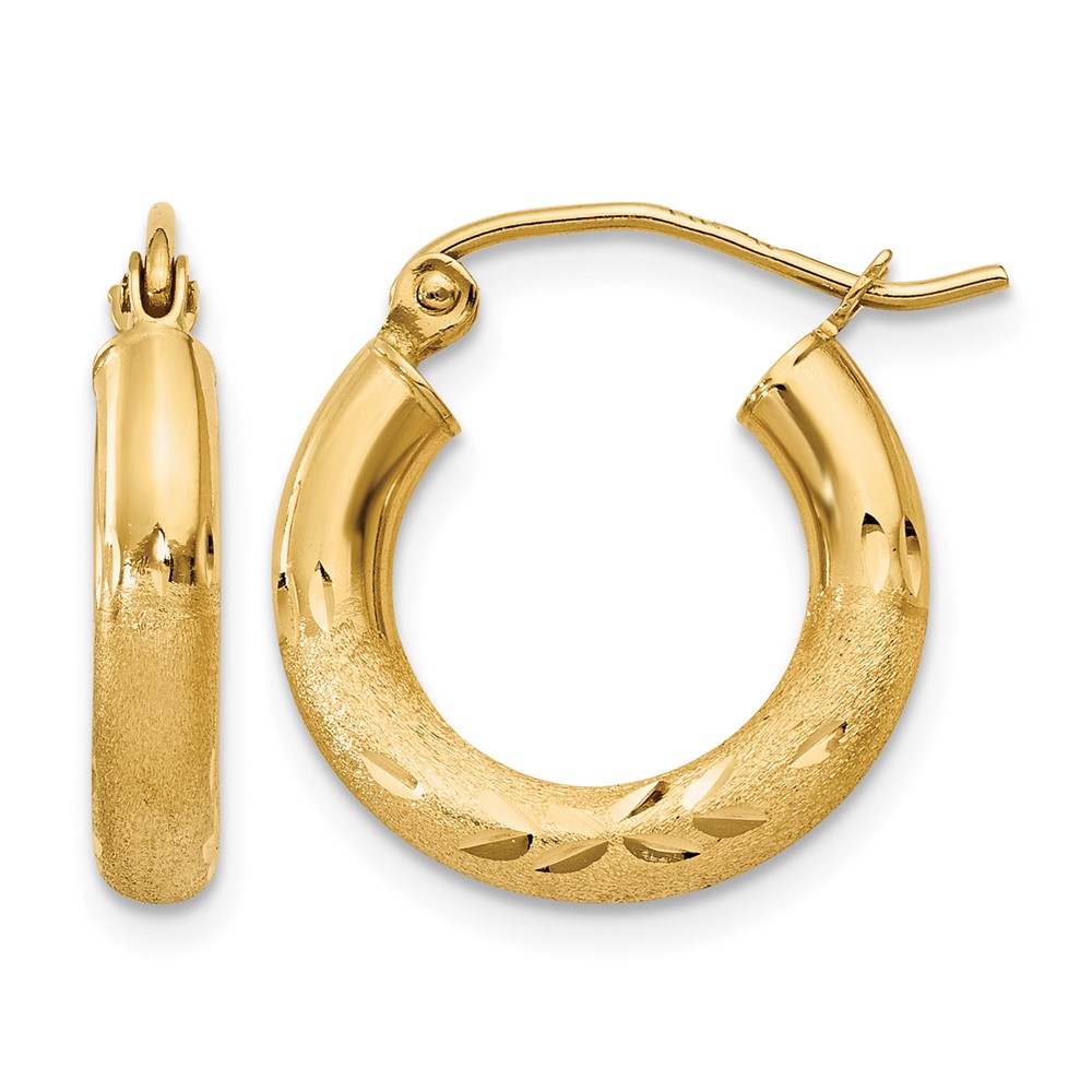 14k Satin and Diamond-cut 3mm Round Hoop Earrings (TC291)