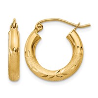 14K Yellow Gold 3x 16mm Satin Diamond-cut Round Tube Hoop Earrings view 1
