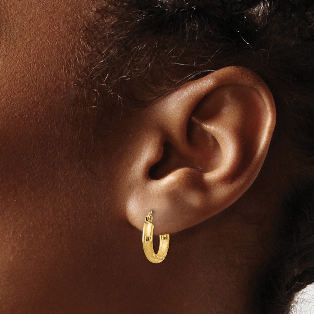 14k Satin and Diamond-cut 3mm Round Hoop Earrings (TC292)