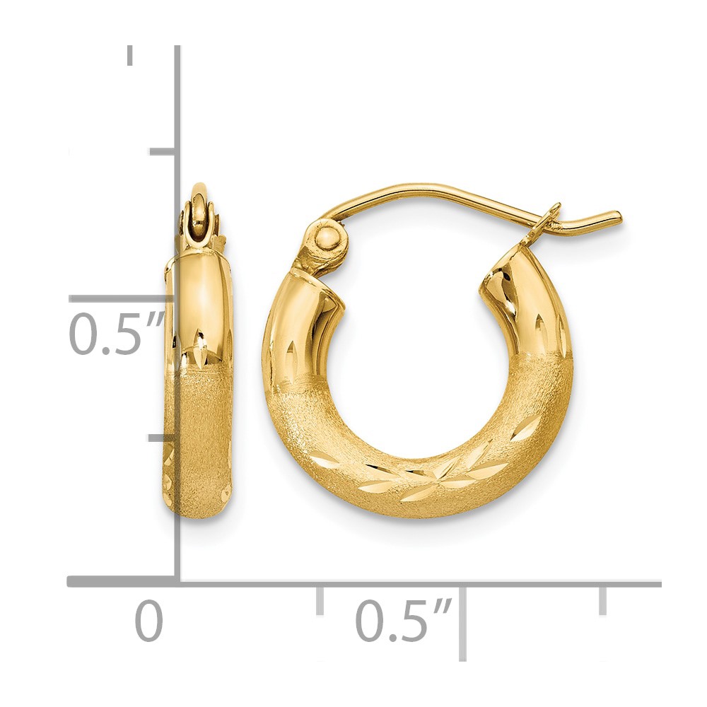 14k Satin and Diamond-cut 3mm Round Hoop Earrings (TC292)