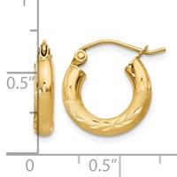 14K Yellow Gold 3x 14mm Satin Diamond-cut Round Tube Hoop Earrings view 4