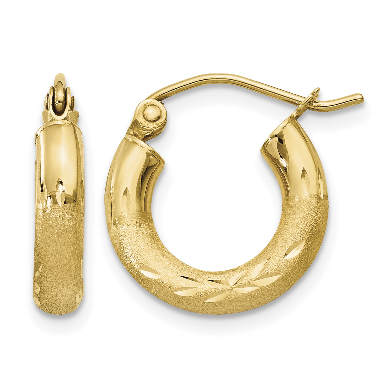 14k Satin and Diamond-cut 3mm Round Hoop Earrings (TC292)