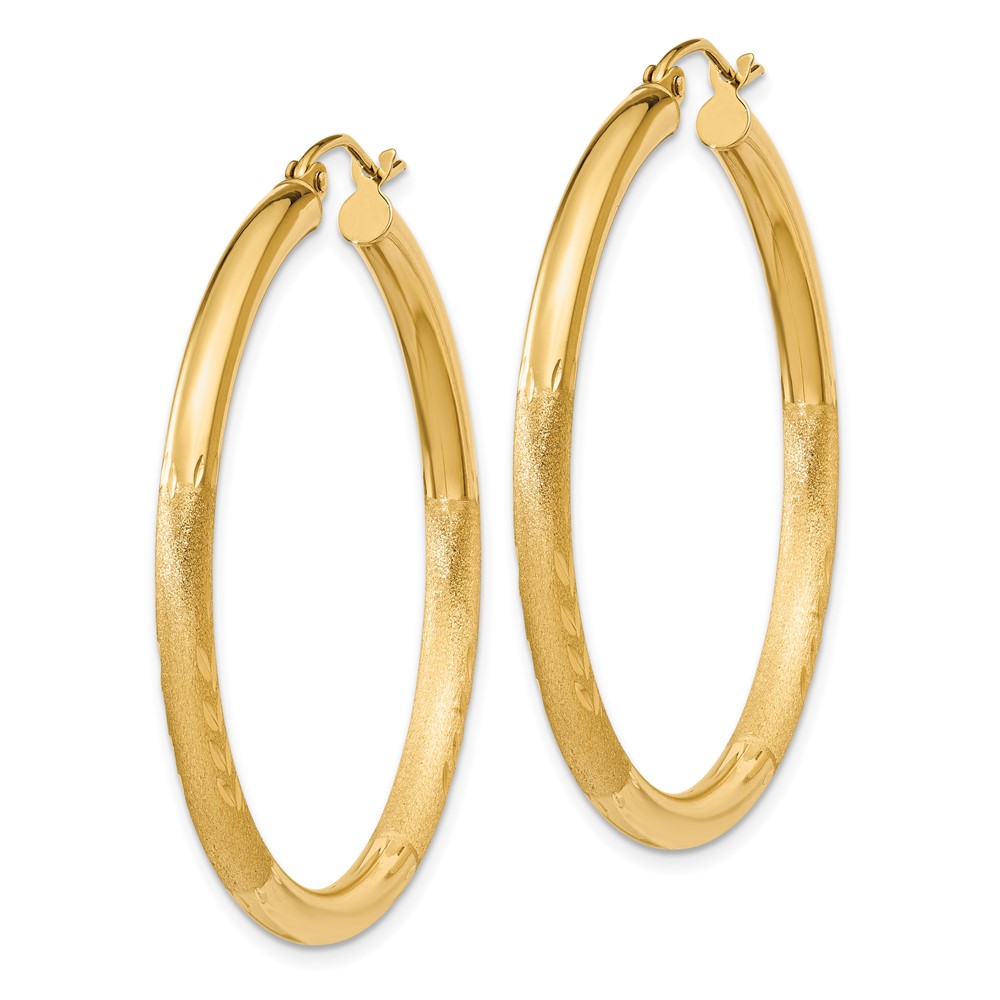 14k Satin and Diamond-cut 3mm Round Hoop Earrings (TC293)