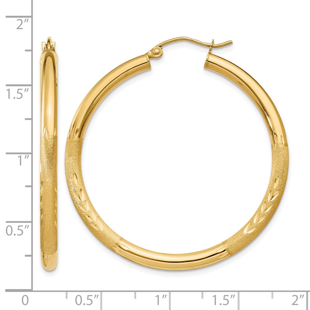 14k Satin and Diamond-cut 3mm Round Hoop Earrings (TC293)