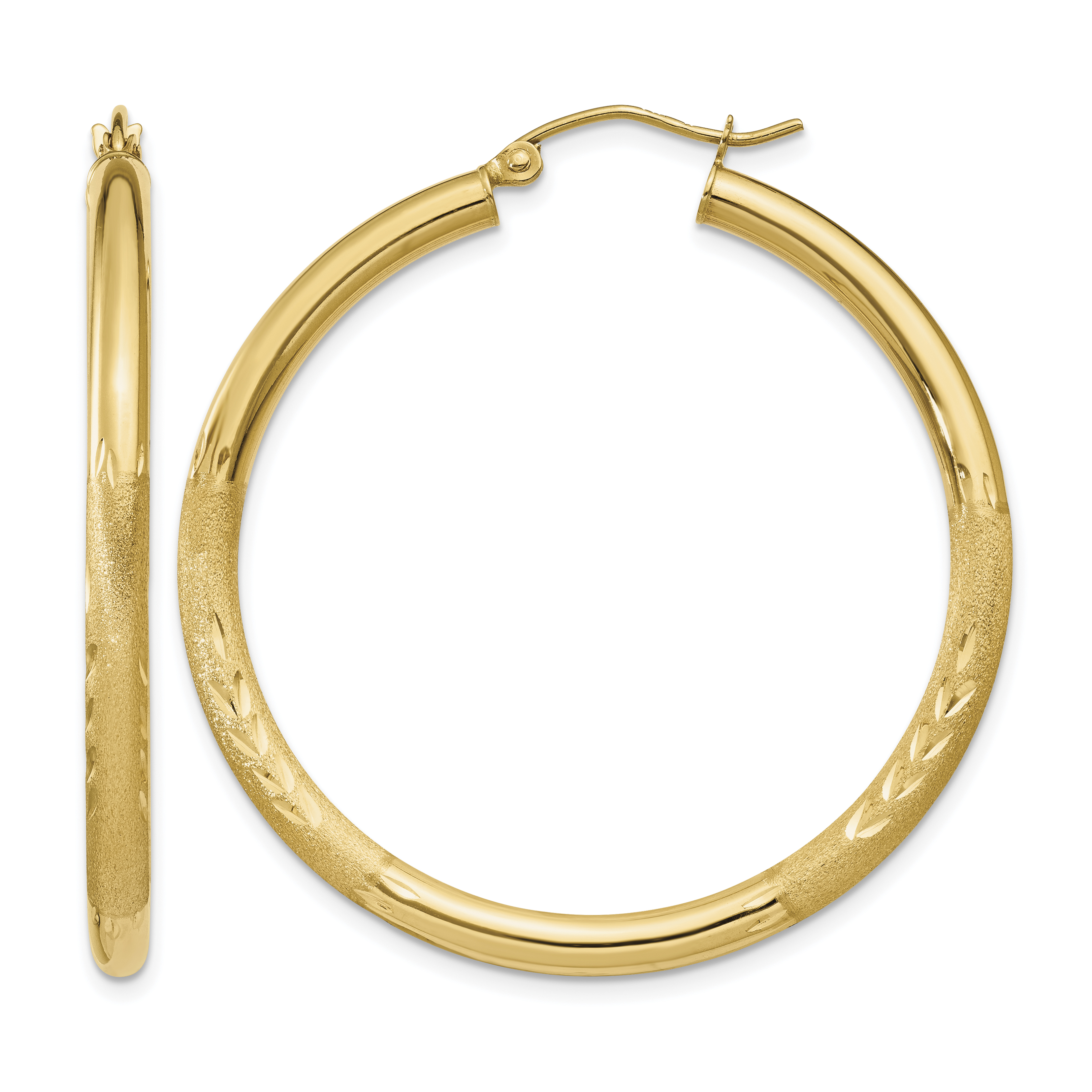 14k Satin and Diamond-cut 3mm Round Hoop Earrings (TC293)