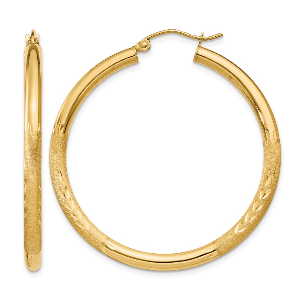 14k Satin and Diamond-cut 3mm Round Hoop Earrings (TC293)