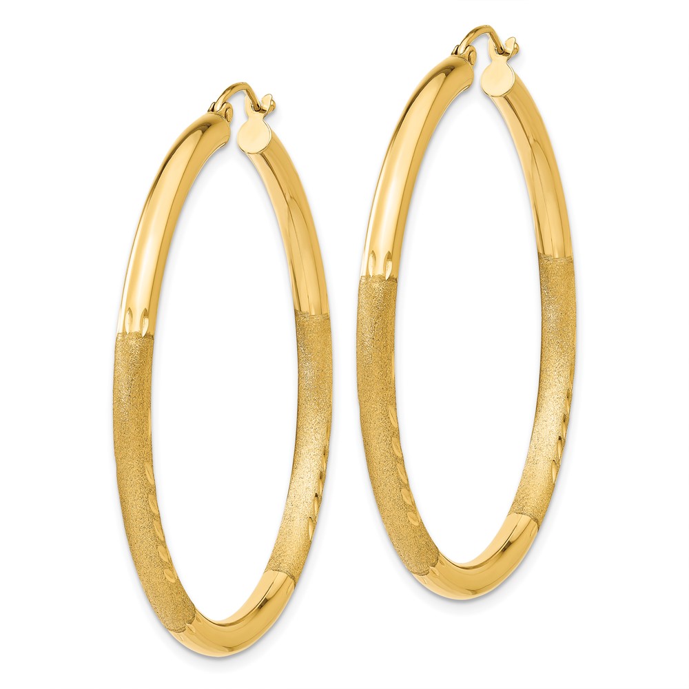 14k Satin and Diamond-cut 3mm Round Hoop Earrings (TC294)