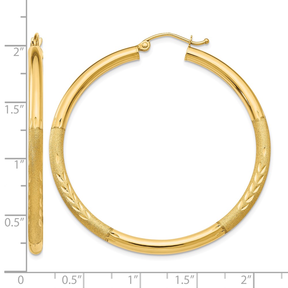 14k Satin and Diamond-cut 3mm Round Hoop Earrings (TC294)