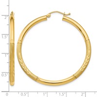 14K Yellow Gold 3x 45mm Satin Diamond-cut Round Tube Hoop Earrings view 4