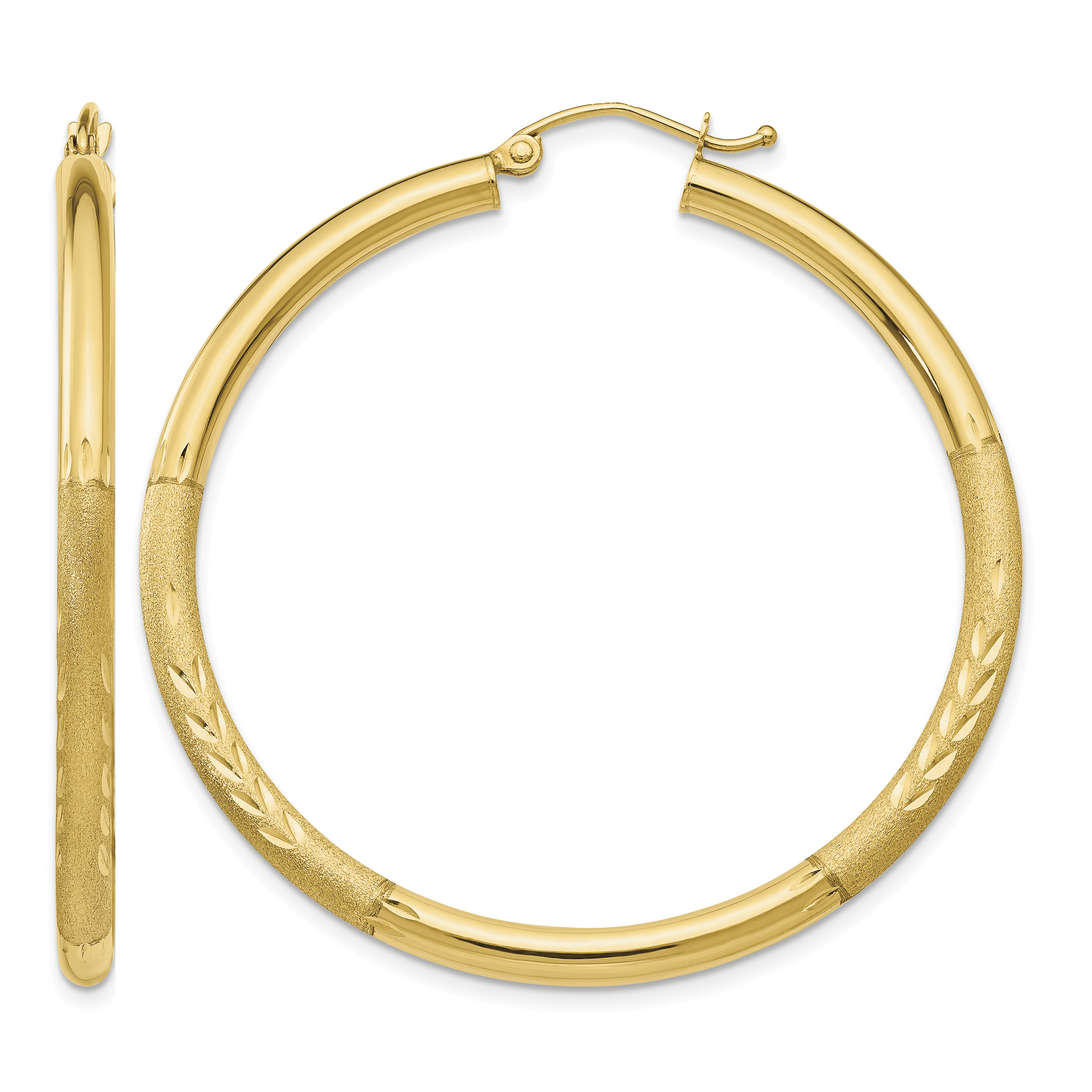 14k Satin and Diamond-cut 3mm Round Hoop Earrings (TC294)
