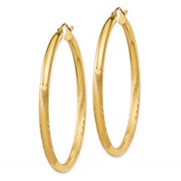 14K 3x50mm Satin Diamond-cut Round Tube Hoop Earrings view 2