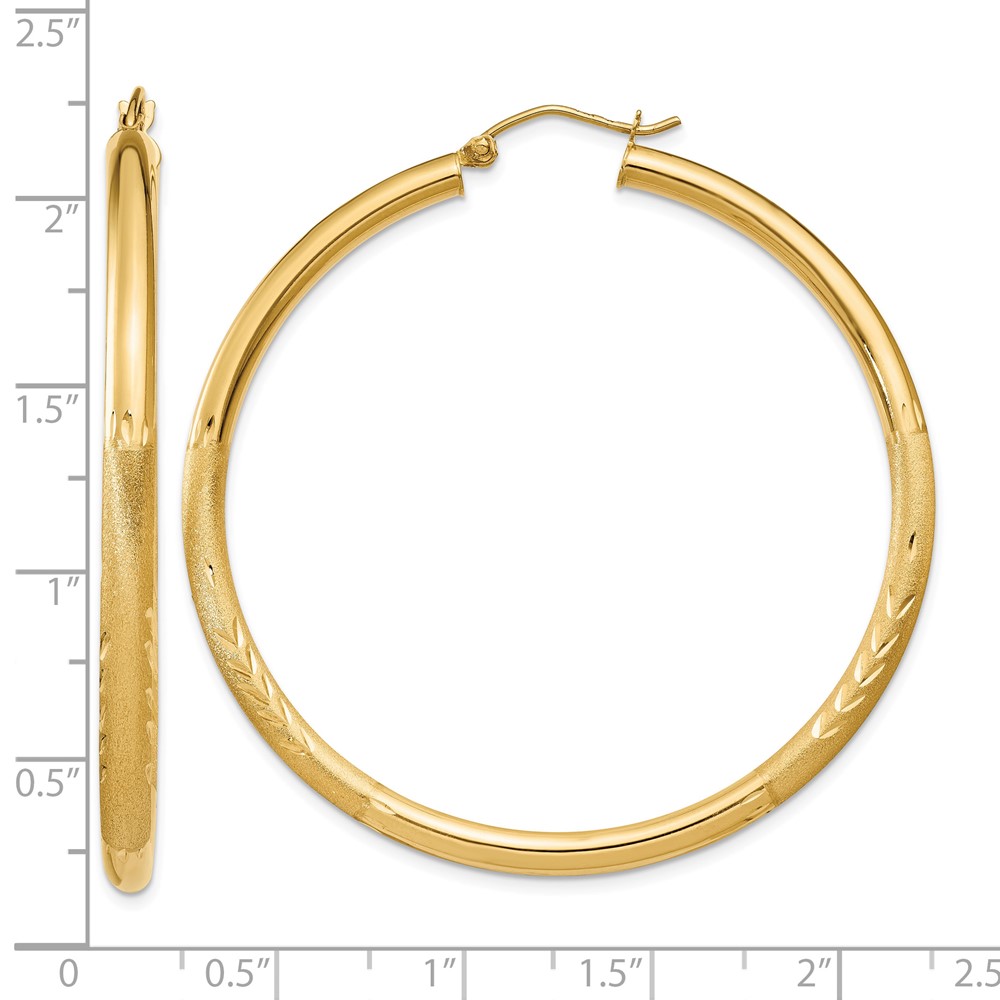 14k Satin and Diamond-cut 3mm Round Hoop Earrings (TC295)