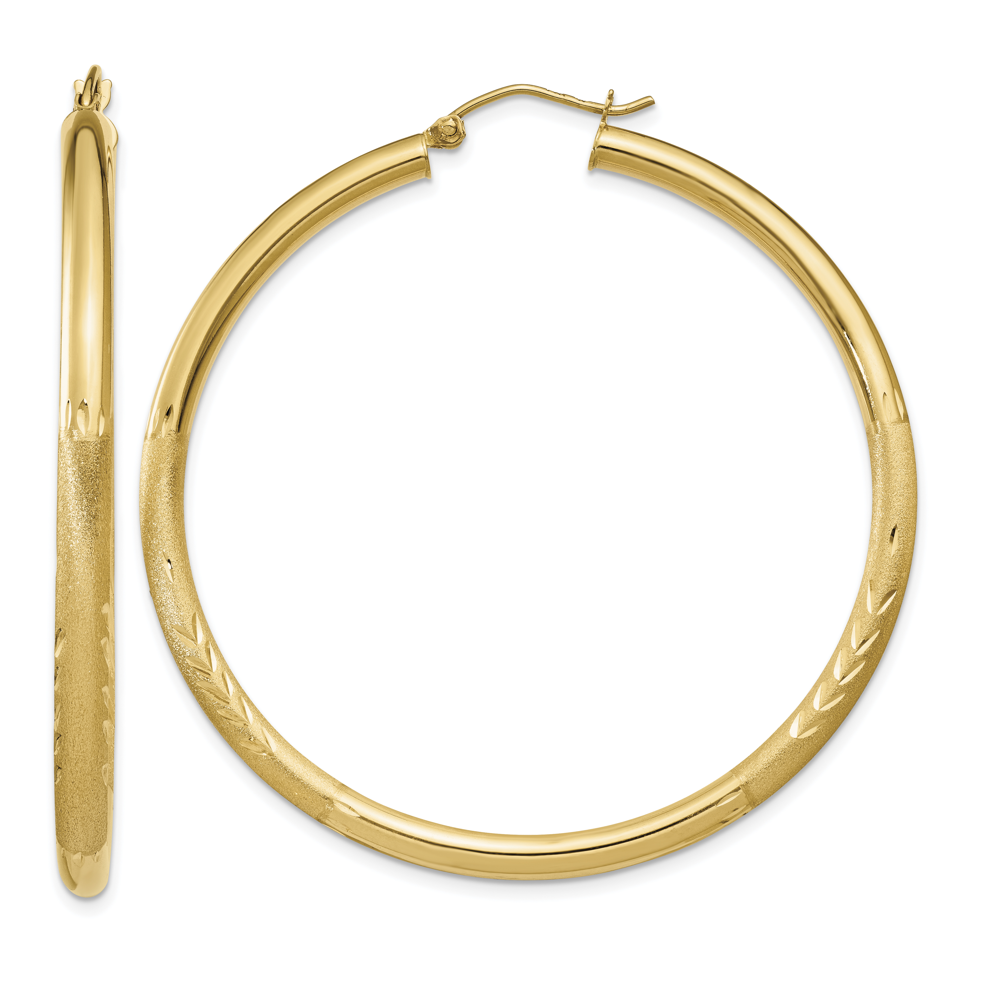 14k Satin and Diamond-cut 3mm Round Hoop Earrings (TC295)