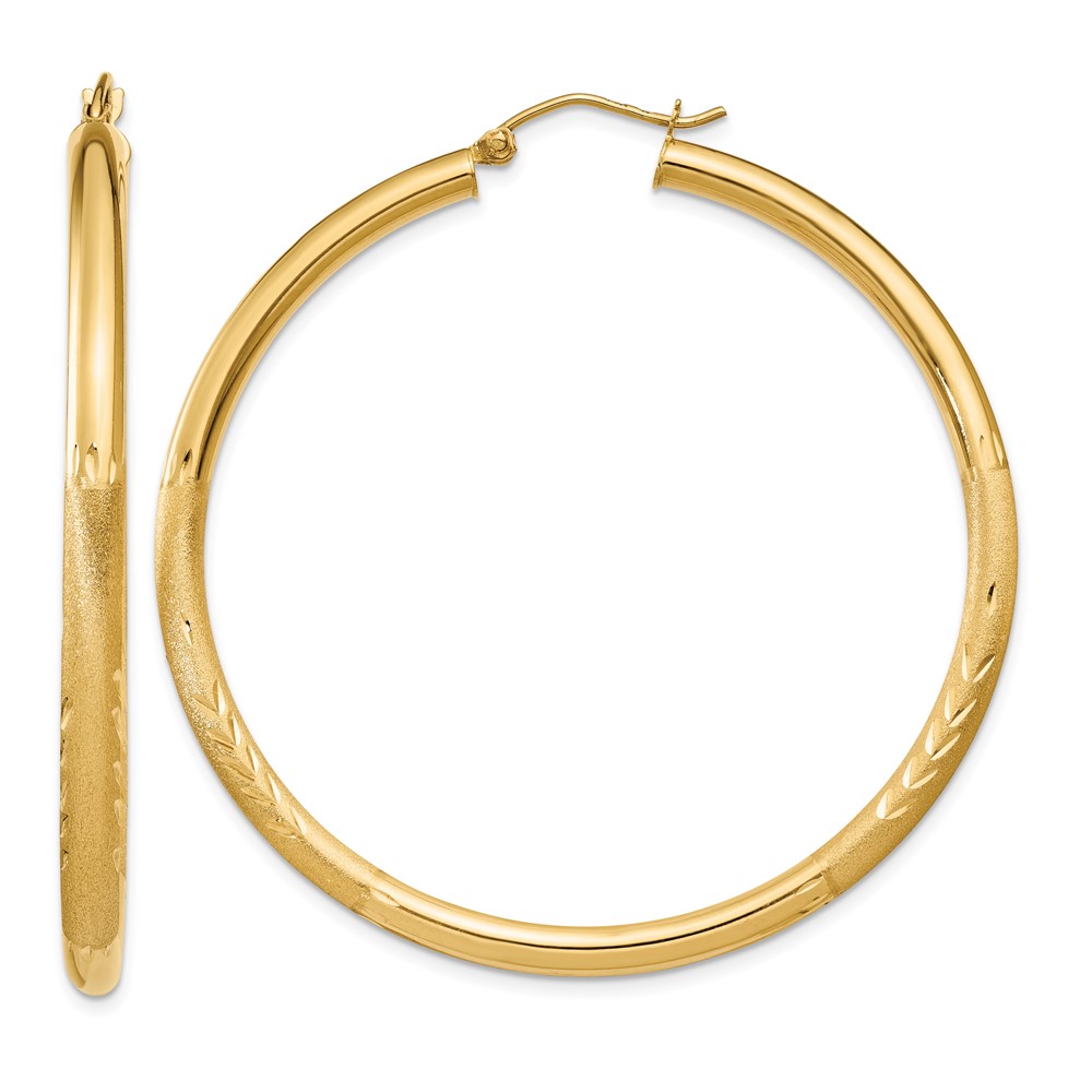 14k Satin and Diamond-cut 3mm Round Hoop Earrings (TC295)