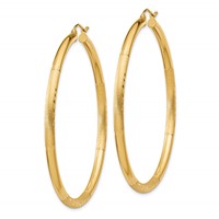 14K Yellow Gold 3x 55mm Satin Diamond-cut Round Tube Hoop Earrings view 2