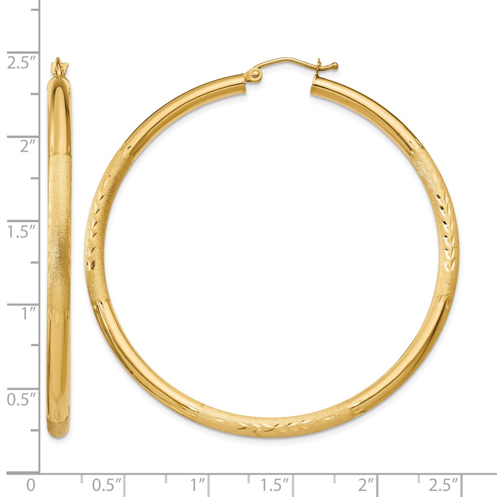 14k Satin and Diamond-cut 3mm Round Hoop Earrings (TC296)