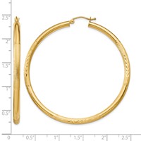 14K Yellow Gold 3x 55mm Satin Diamond-cut Round Tube Hoop Earrings view 4