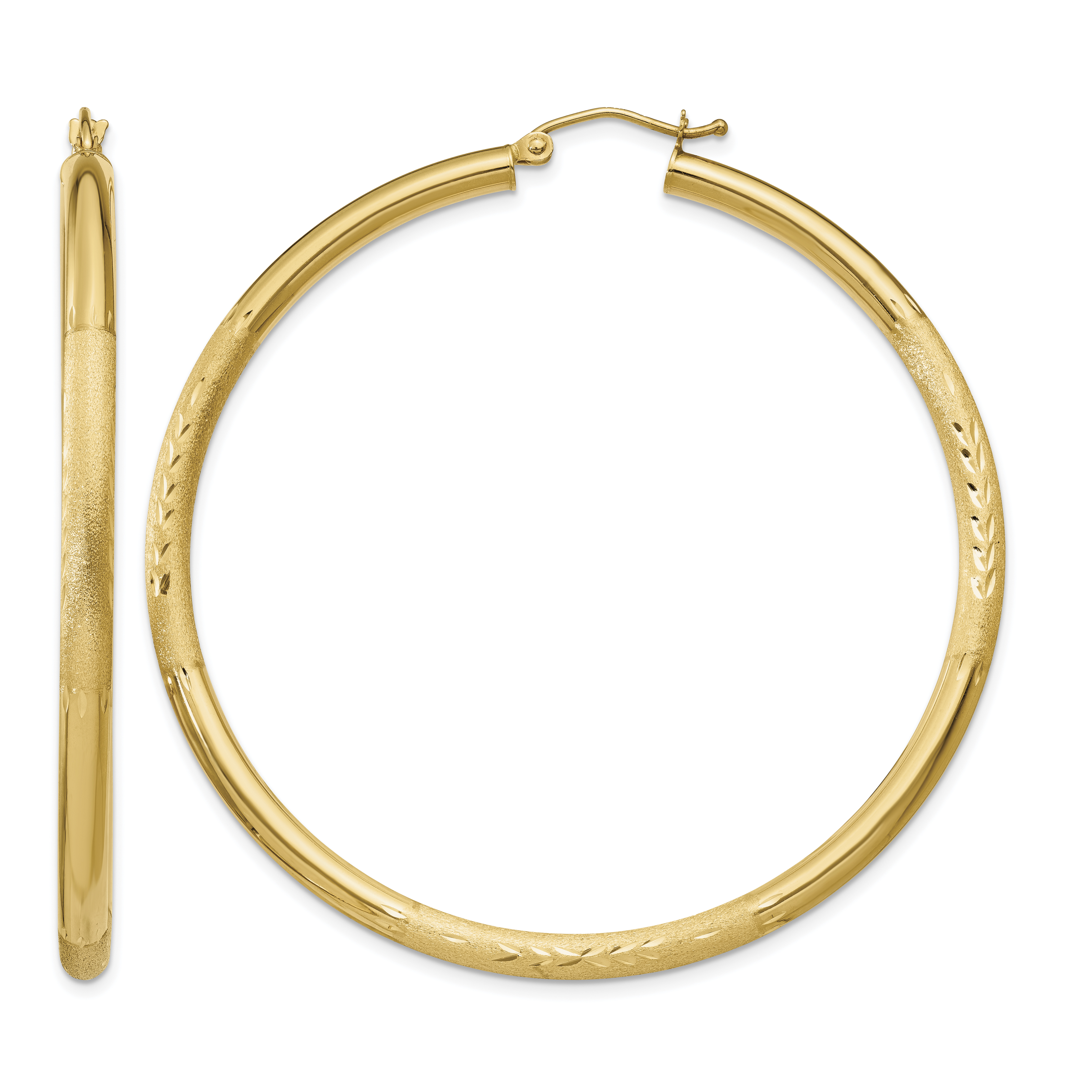 14k Satin and Diamond-cut 3mm Round Hoop Earrings (TC296)