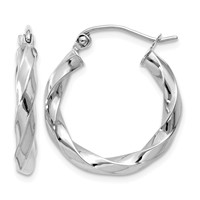 14K White Gold 3mm Twisted Hoop Earrings view 1