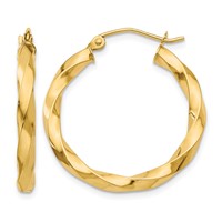 14K Yellow Gold Polished 3mm Twisted Hoop Earrings view 1