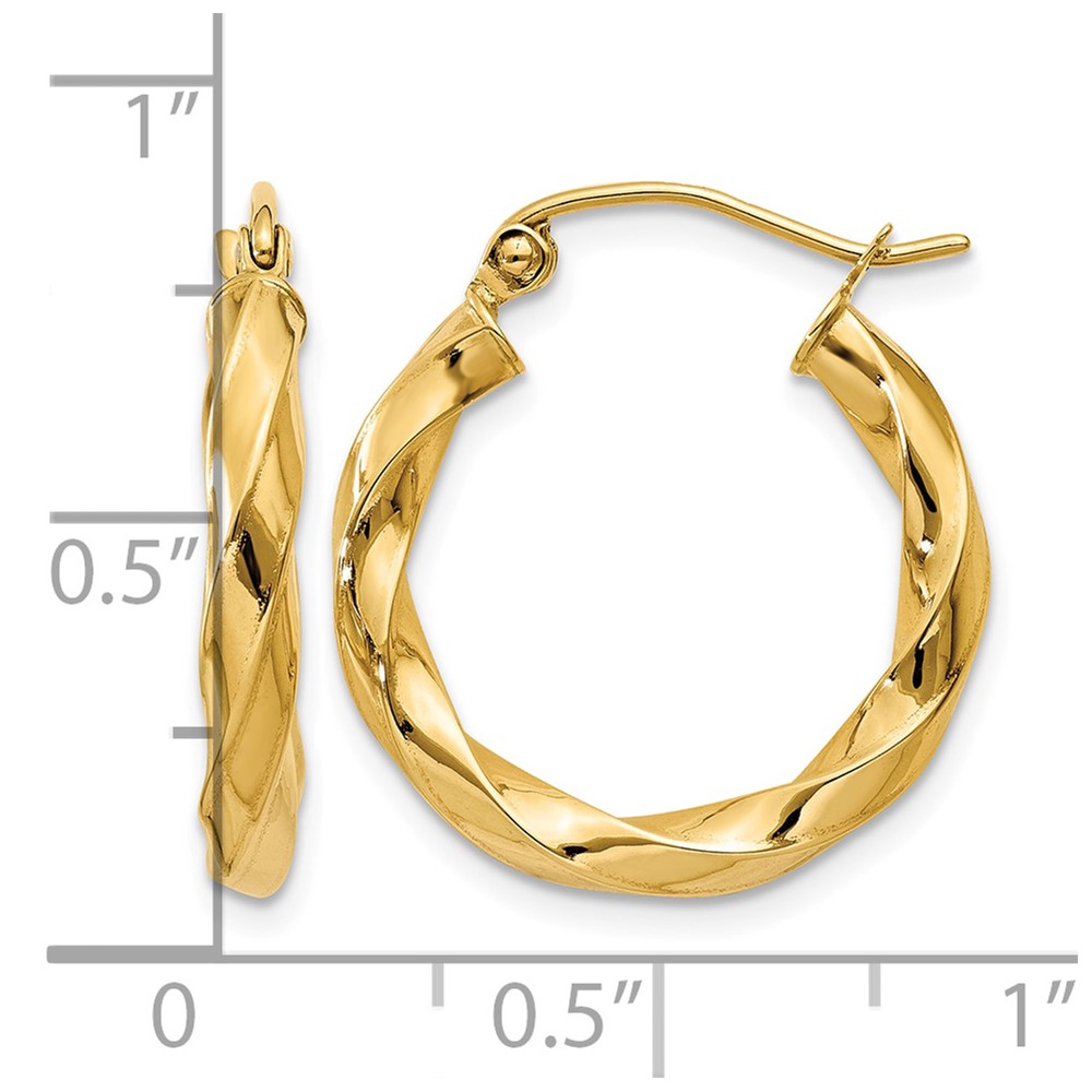 14k Polished 3mm Twisted Hoop Earrings (TC366)