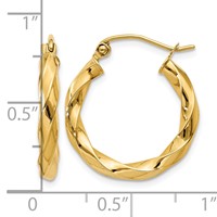 14K Yellow Gold Polished 3mm Twisted Hoop Earrings view 4