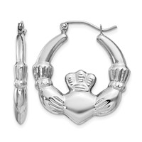 14K White Gold Claddagh Hoop Earrings view 1