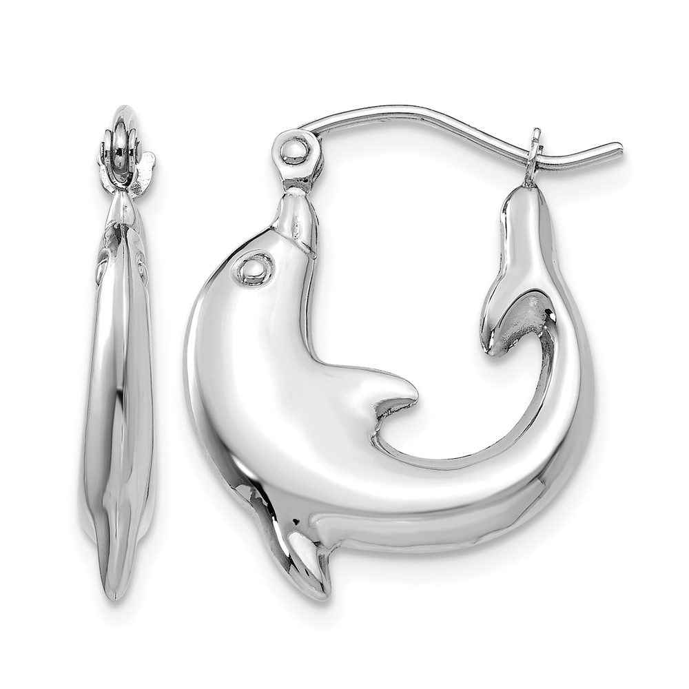 14k White Gold Polished Dolphin Hoop Earrings (TC505)