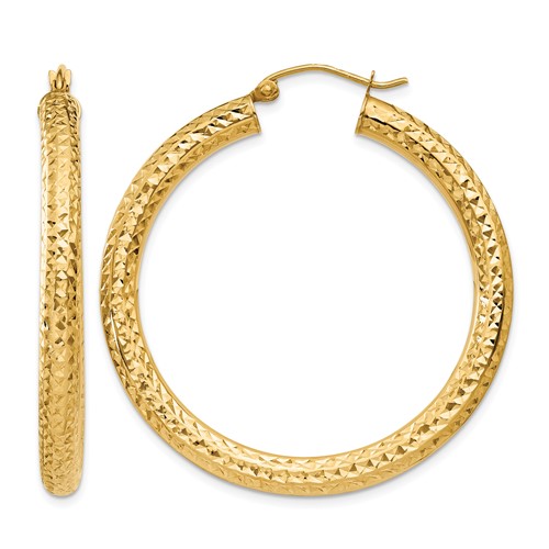14K Yellow Gold 4x 40mm Diamond-cut Round Tube Hoop Earrings
