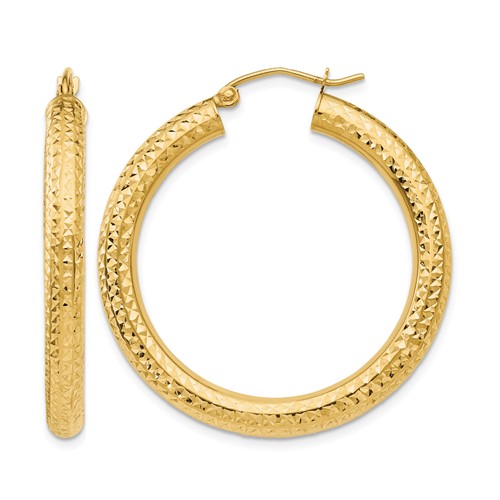 14K Yellow Gold 4x 35mm Diamond-cut Round Tube Hoop Earrings