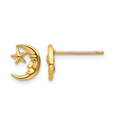 14K Yellow Gold Polished Moon Earrings with Face and Star Post