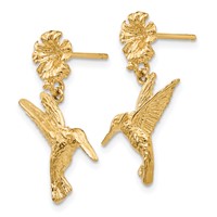 14K Yellow Gold Hummingbird Dangles From Flower Post Earrings view 2