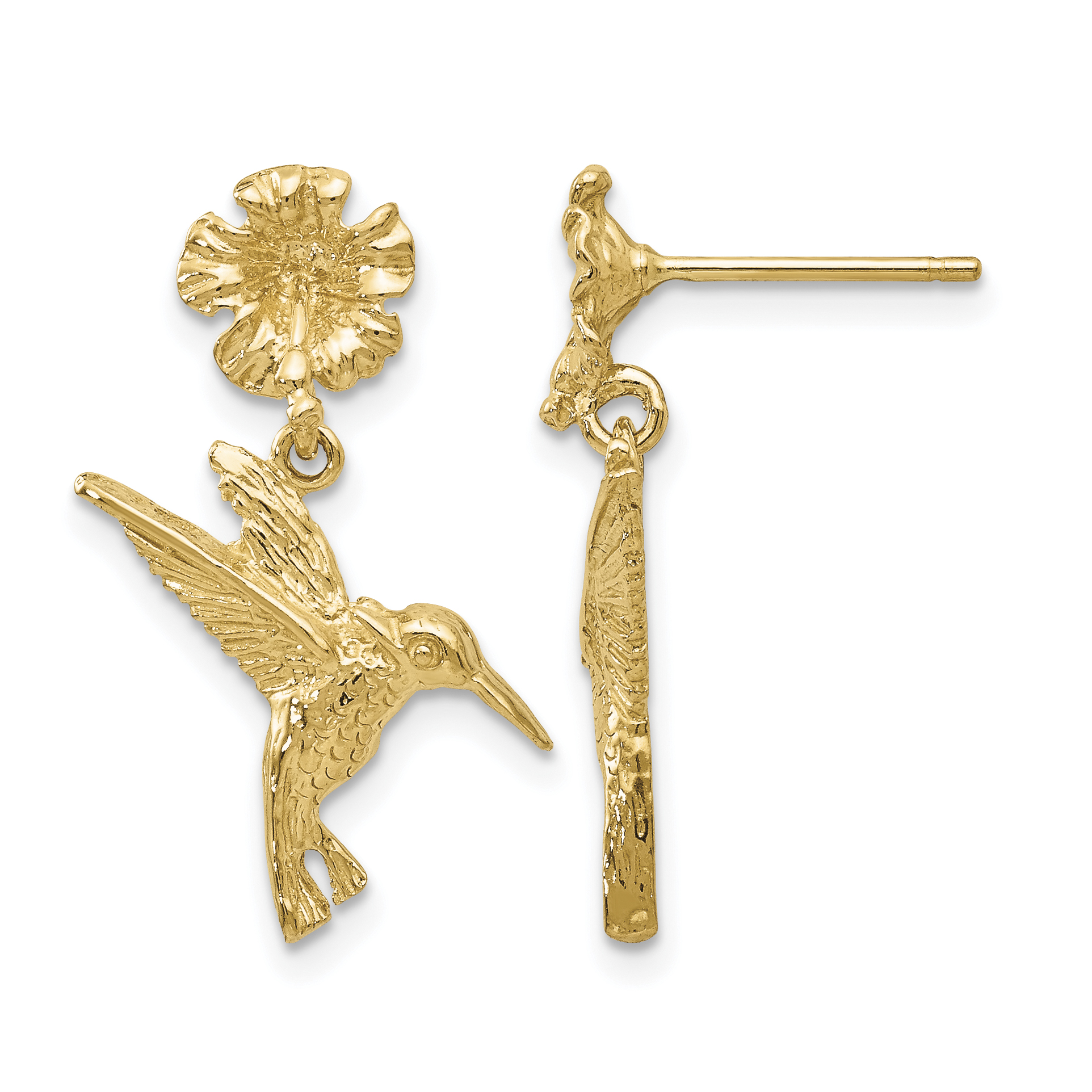 14k Hummingbird Dangles from Flower Post Earrings (TC624)