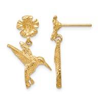 14K Yellow Gold Hummingbird Dangles From Flower Post Earrings view 1